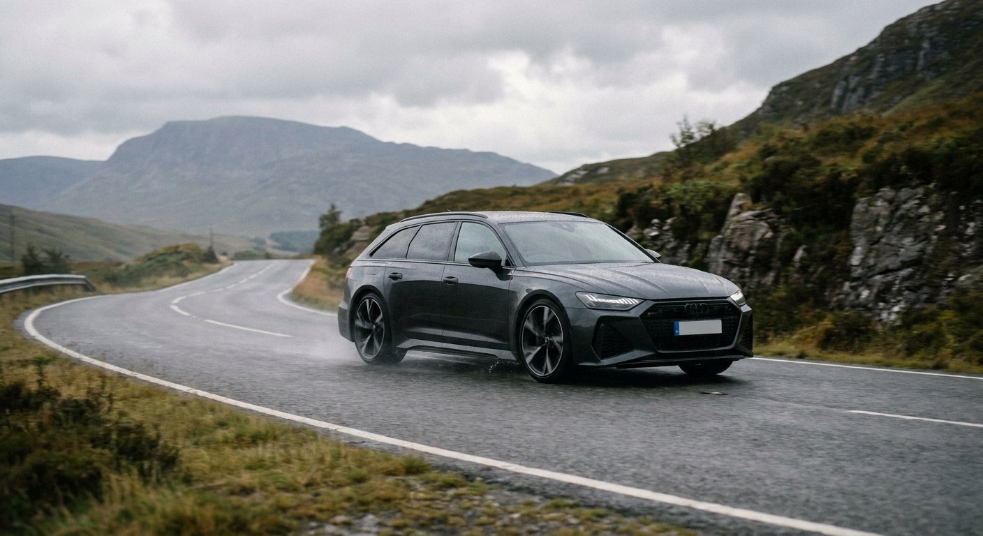 A sleek, aggressive dark grey sports wagon driving swiftly along a winding mountain road under an overcast sky