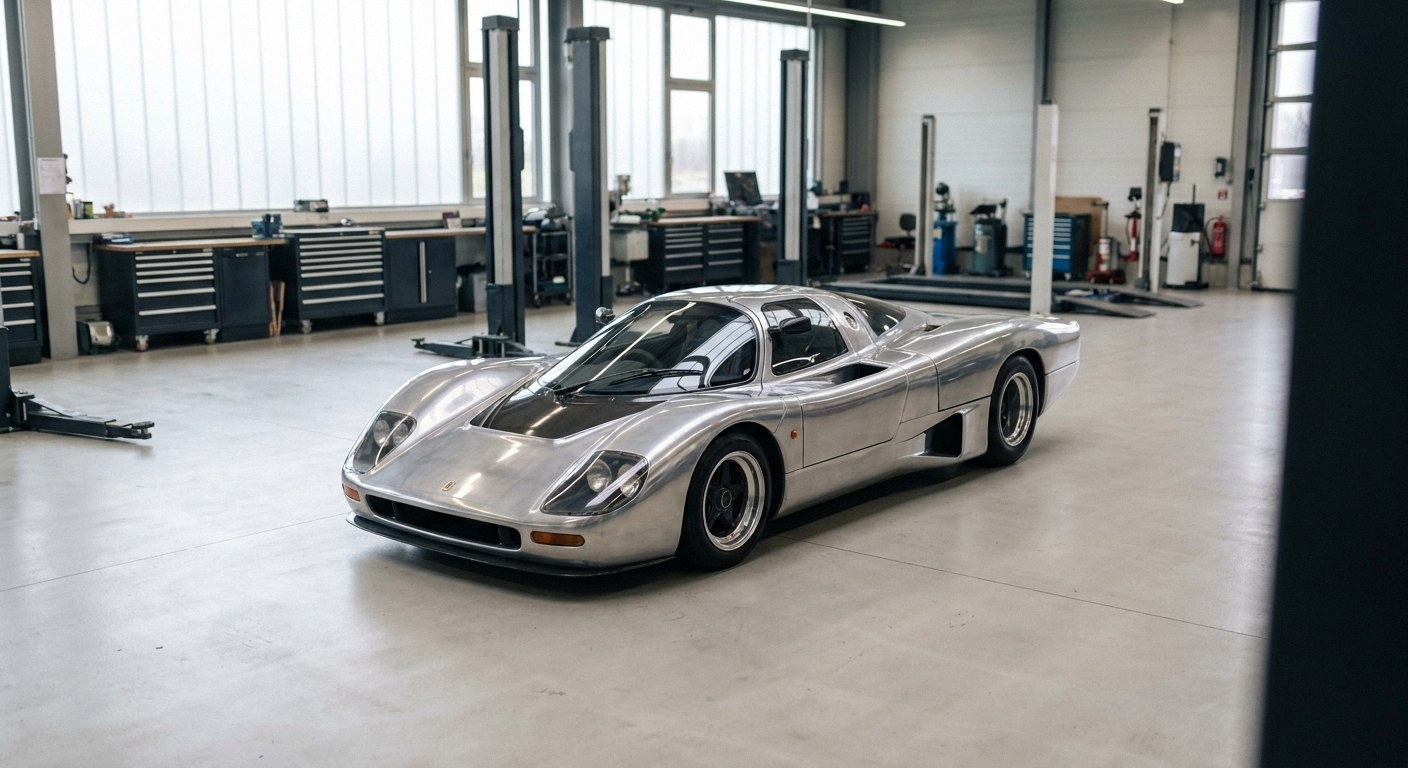 Une hypercar aérodynamique classique stationnée à l'intérieur d'un atelier automobile immaculé
