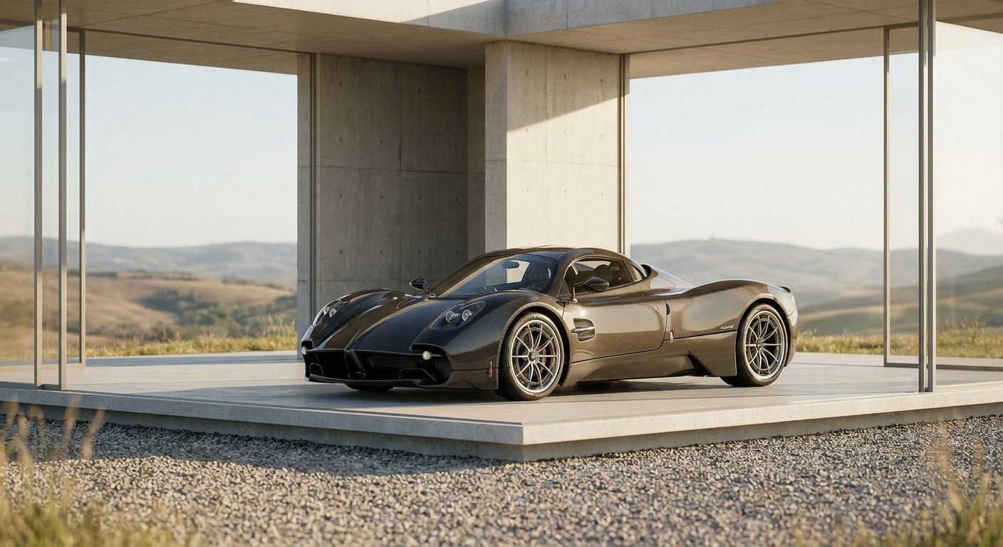 A dark carbon-fiber sports car parked on a concrete platform within a modern, open-sided concrete and glass structure